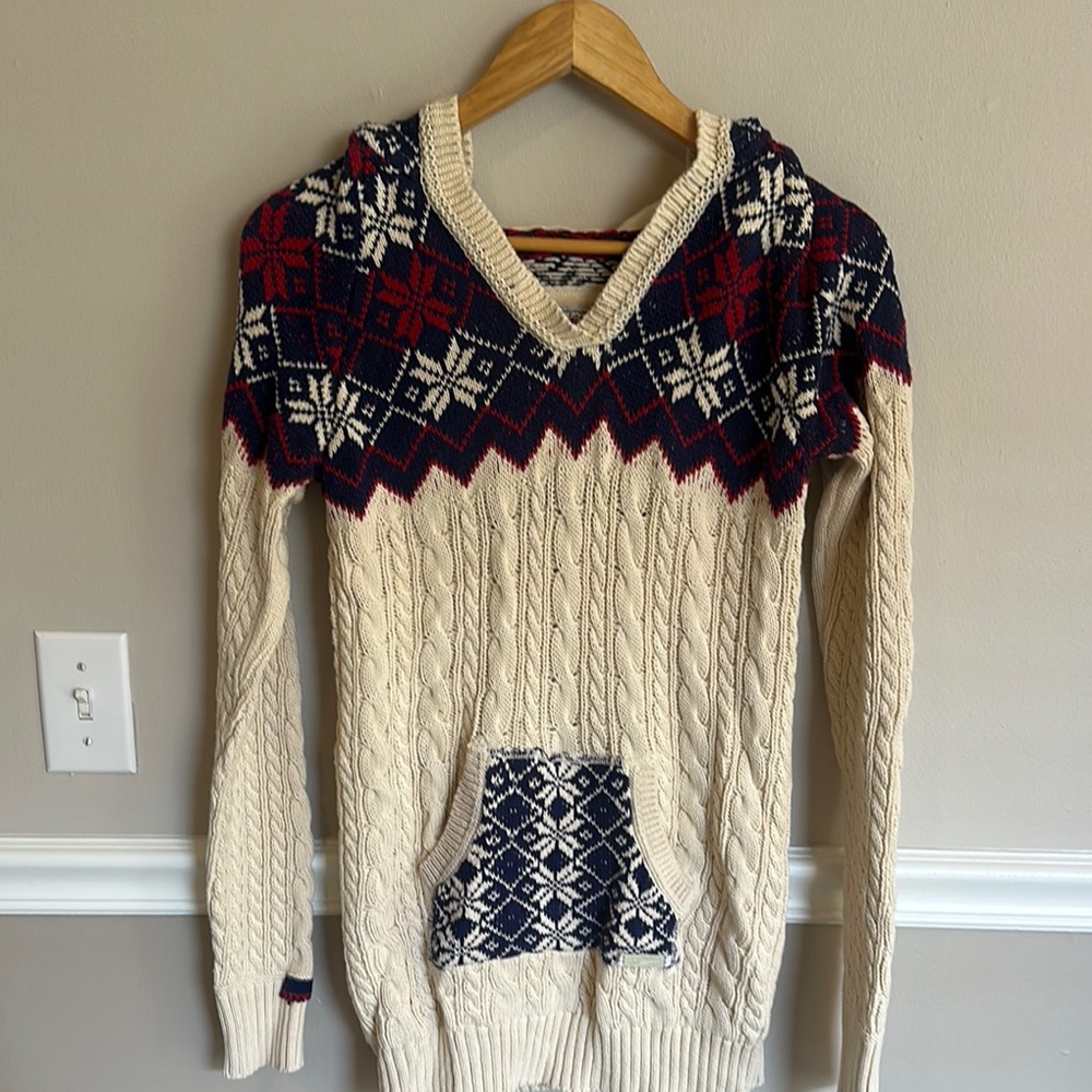 Superdry Cream and Blue V-Neck Hooded Fair Isle Sweater